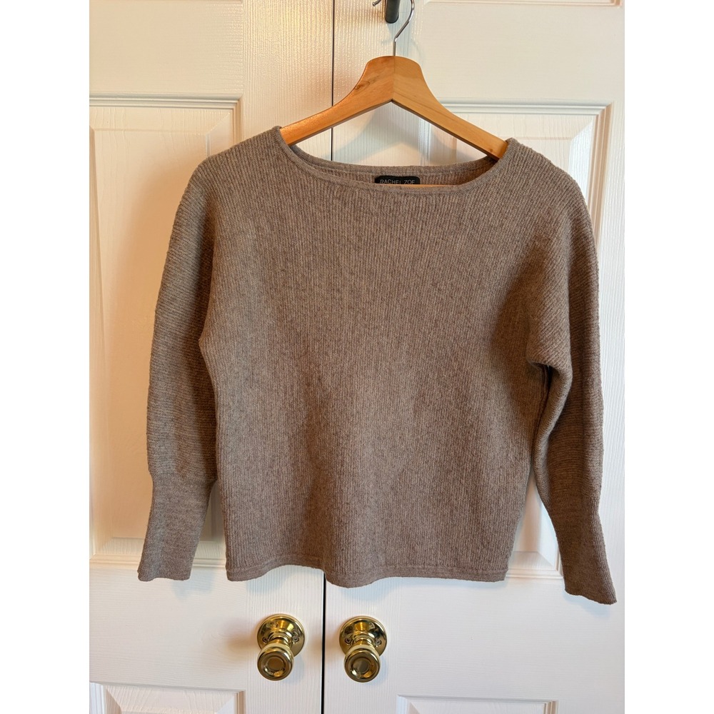 Rachel Zoe Taupe Ribbed Knit Boat Neck Sweater Long Cuff Brown Small